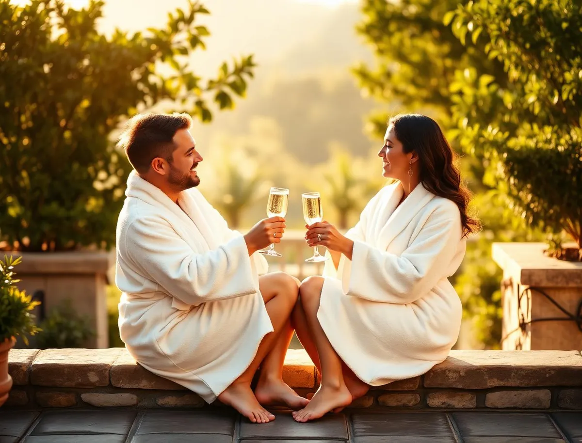 Couple in white spa robes toasting with sparkling wine on a sunlit terrace