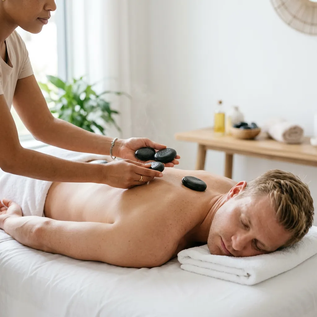 Therapist setting smooth dark stones on a man's upper back as he lies face down