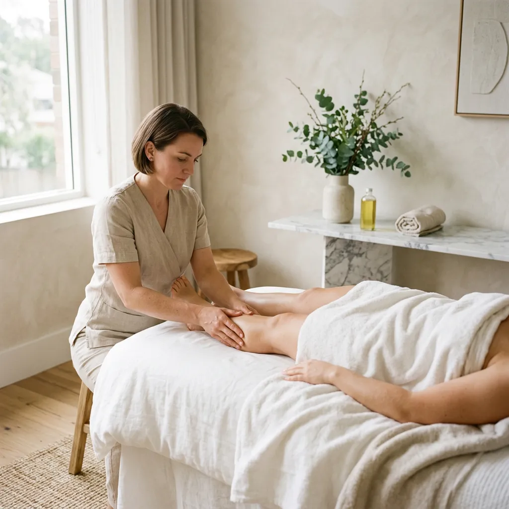 Sciatica massage along the leg: a therapist works the calf of a client lying face down