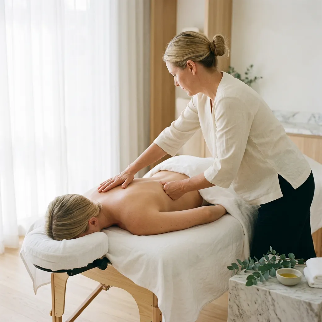Back pain massage: a therapist presses both hands along the mid back of a woman lying face down