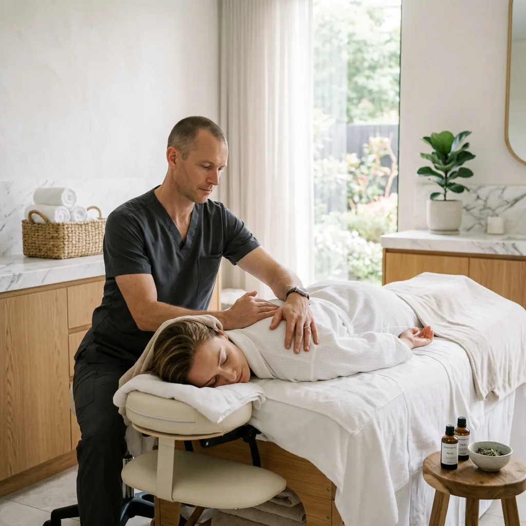 Therapist working on the shoulder of a client lying face down in a white robe