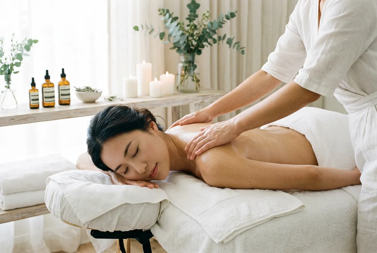 Massage therapy near Sherwood: a therapist works on a woman's shoulders beside candles and oil bottles
