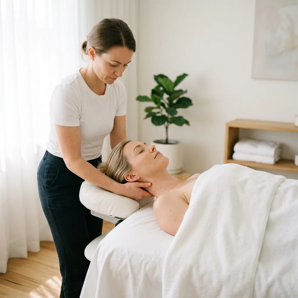 Therapist cradling a woman's neck in both hands as she lies face up on the table