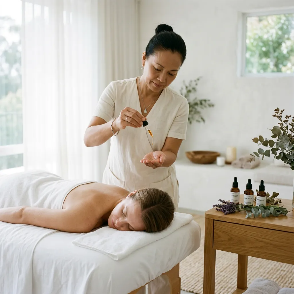 CBD massage prep: a therapist drips oil into her palm beside a client lying face down
