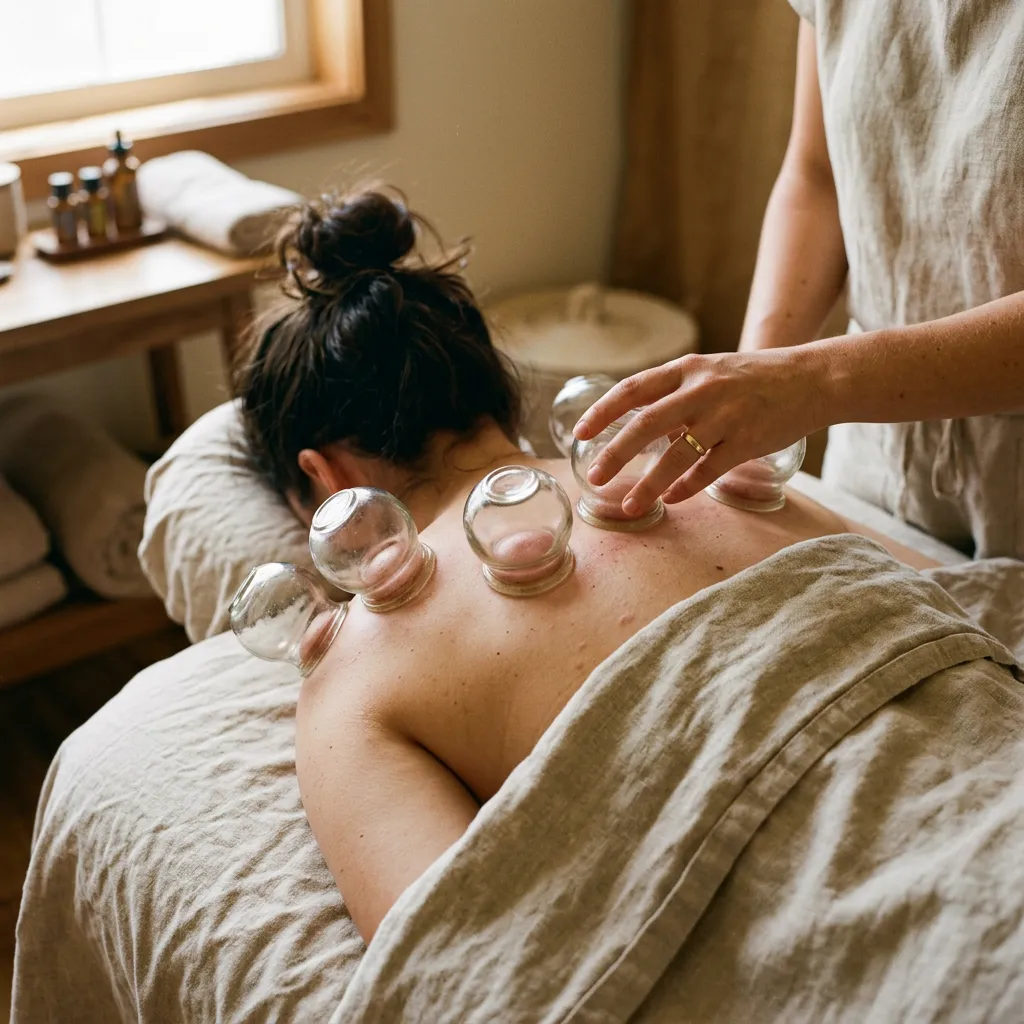 Suction cups sitting on a client's upper back with faint circular marks beginning to form