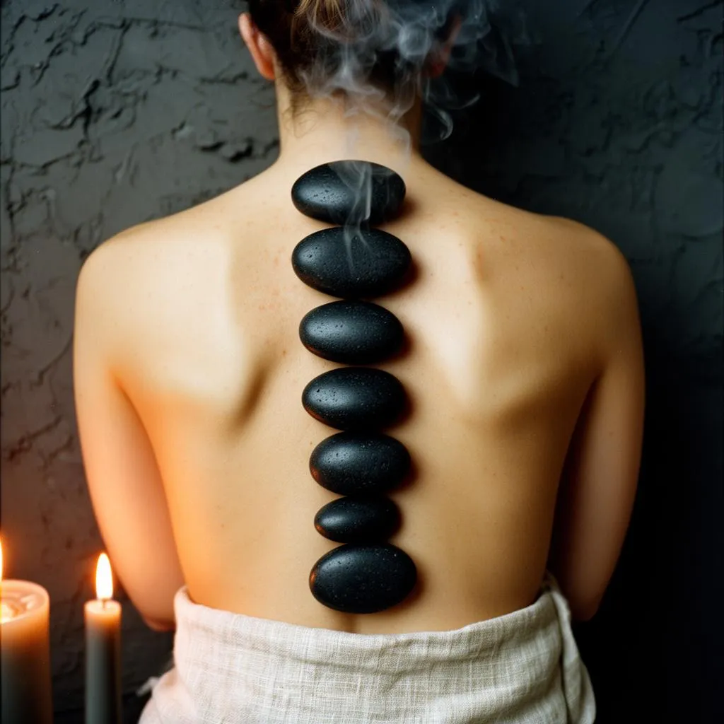 Row of smooth heated basalt stones placed down a client's spine during a hot stone massage