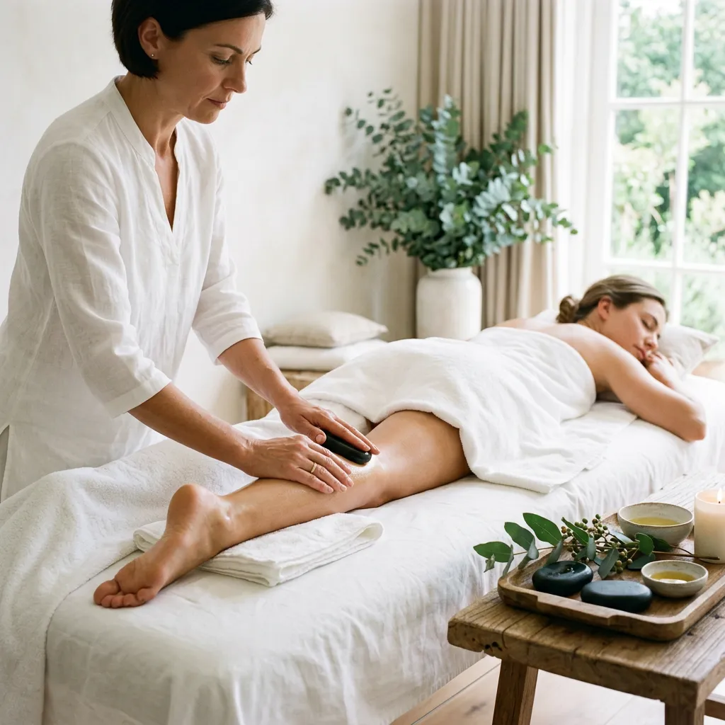 Therapist gliding a warm basalt stone along a client's calf during a hot stone massage in Newberg