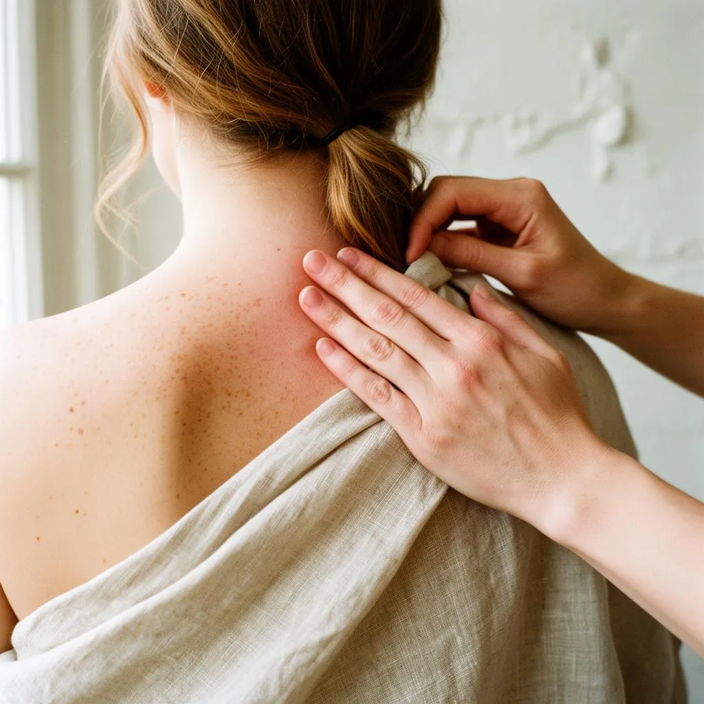 Close-up of hands working the neck and upper trapezius during medically necessary massage therapy