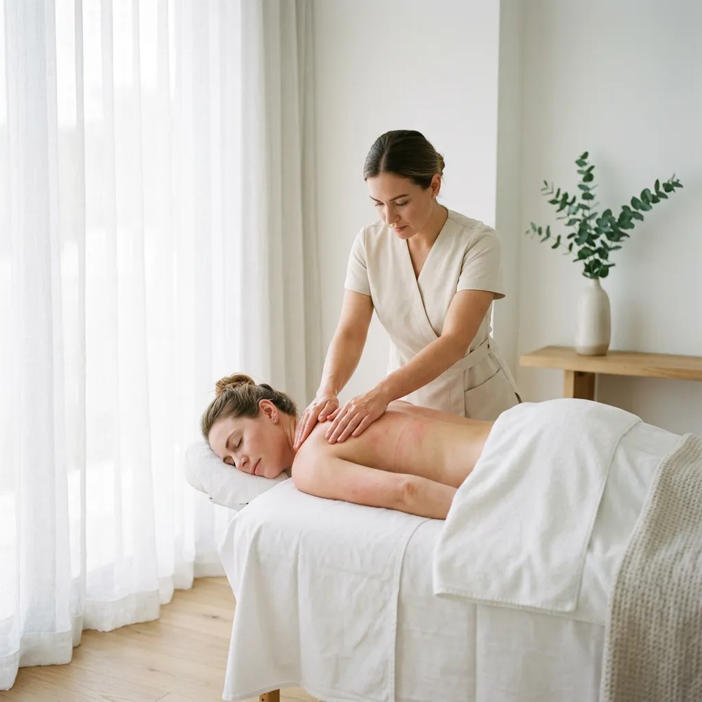 Therapist working the upper back and shoulder blade during a therapeutic massage session in Newberg