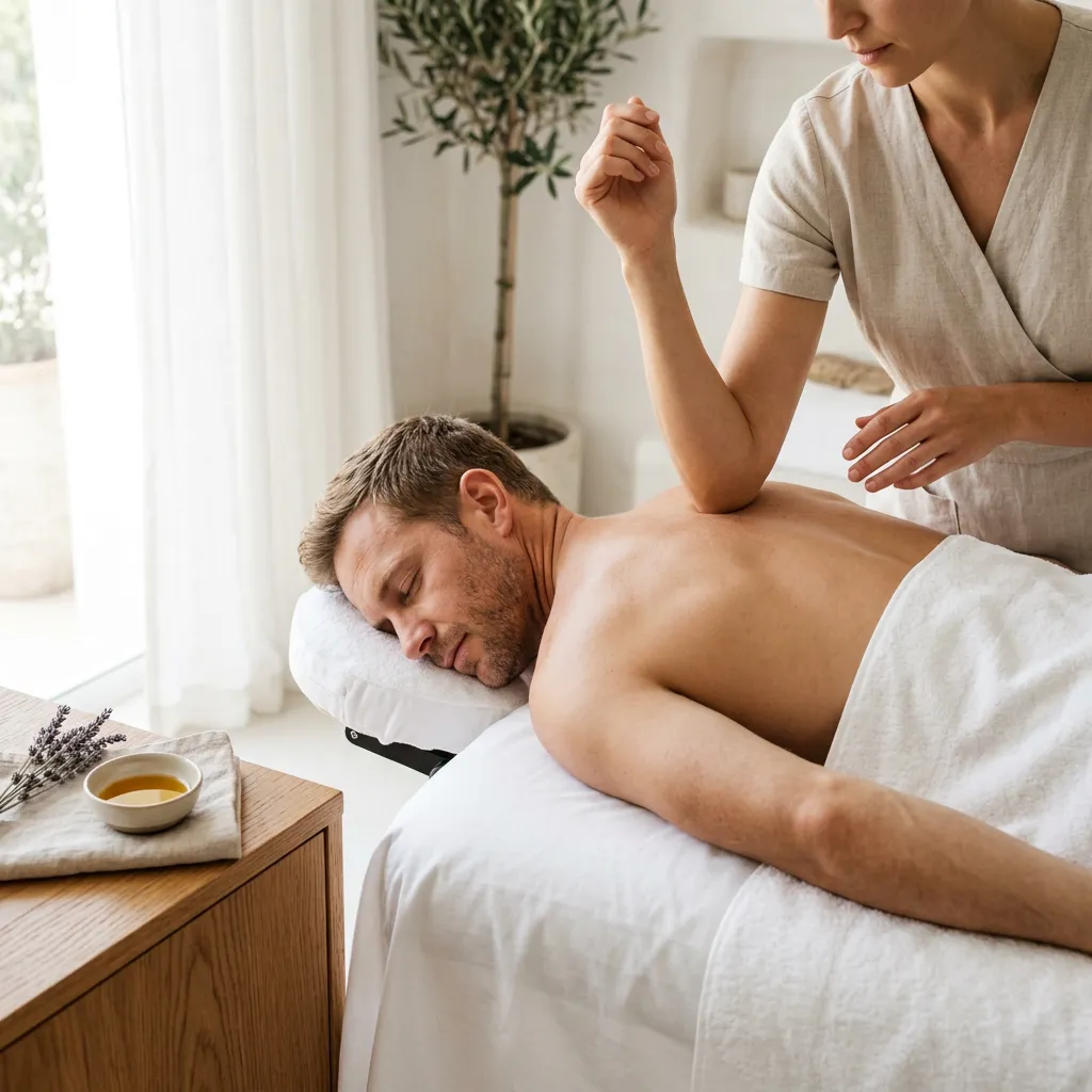 Therapist using slow forearm pressure along a client's mid-back during therapeutic massage in Newberg