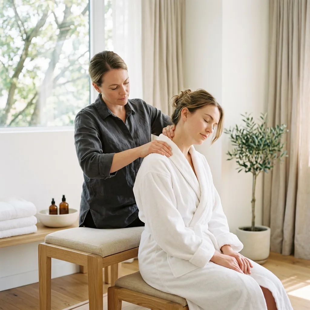 Therapist massaging the shoulders of a seated woman in a white robe