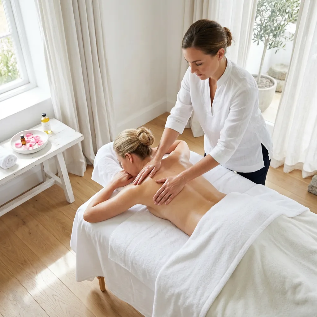 Massage therapy near Wilsonville: a therapist works across a woman's shoulder blades in a bright room