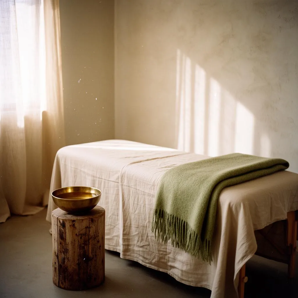 Empty massage table in cream linen with a folded green wool throw and a brass bowl in afternoon light