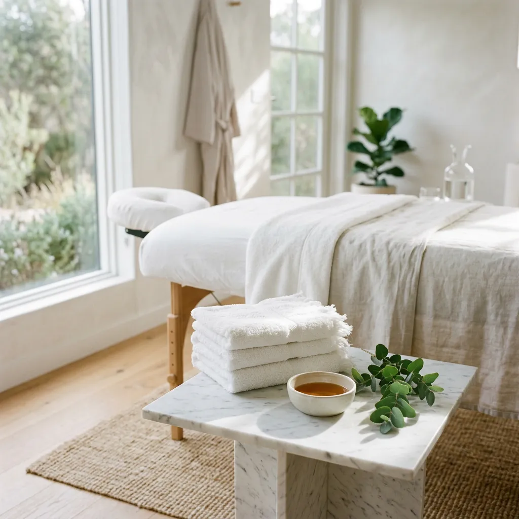 Empty massage table with folded towels and a bowl of oil on a marble side table